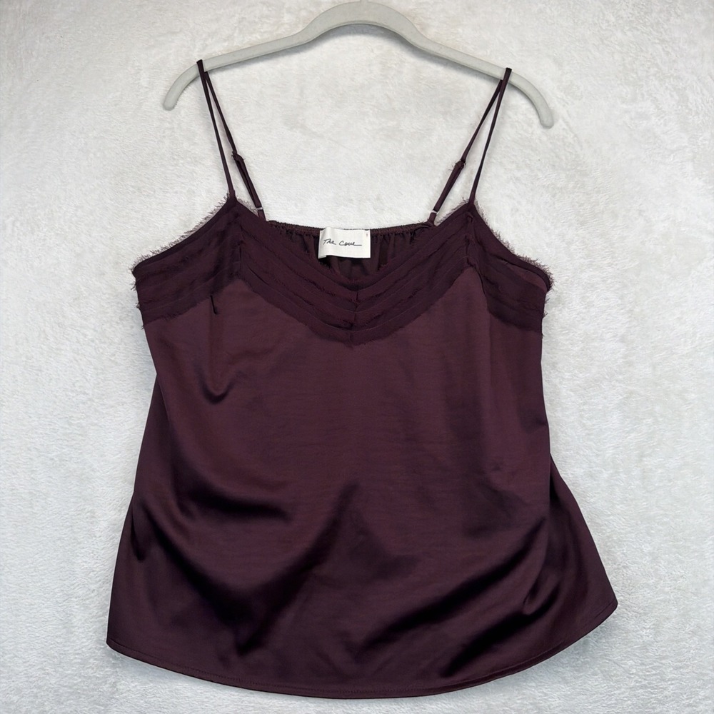 The Cove Womens Burgundy Satin Cami Top L Ruffle Neck Y2K Going Out